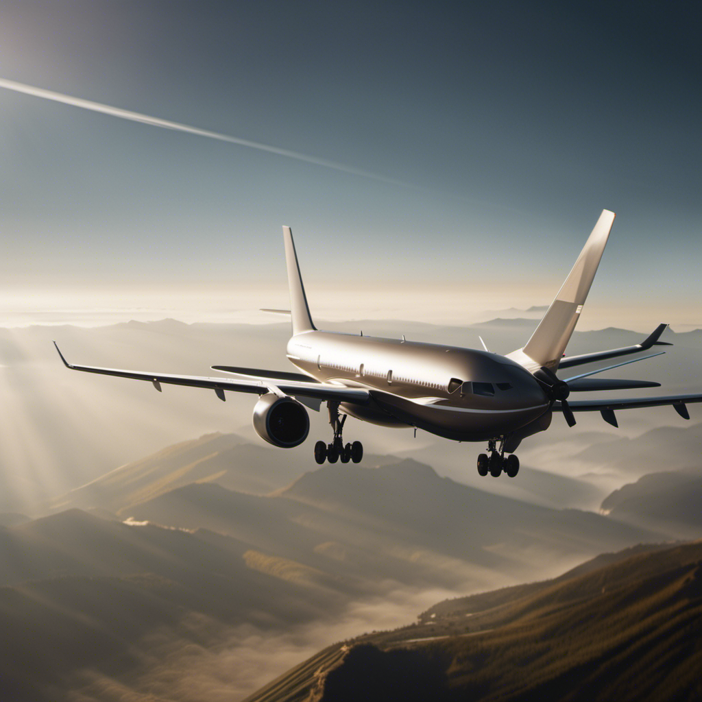 An image of a passenger plane, gracefully suspended mid-air, its wings angled slightly upward as sunlight illuminates the landscape below