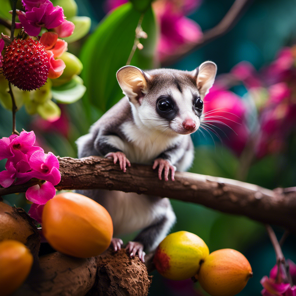 An image of a cute sugar glider perched on a branch, surrounded by vibrant tropical fruits