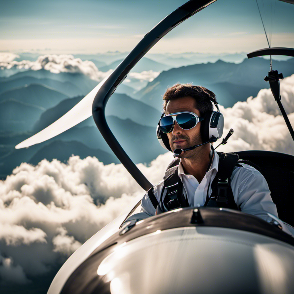 An image that captures the exhilarating freedom of gliding through the sky in a sleek glider, showcasing a pilot wearing a headset, immersed in the serene beauty of the clouds, with a backdrop of majestic mountains in the distance