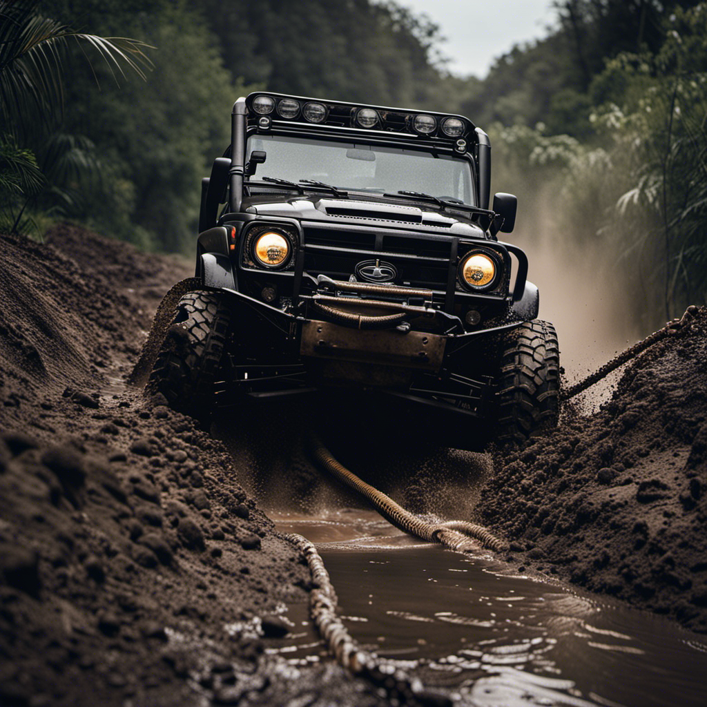 An image showcasing a sturdy off-road vehicle, its engine idling, as a heavy-duty winch effortlessly pulls a stranded vehicle out of a muddy pit