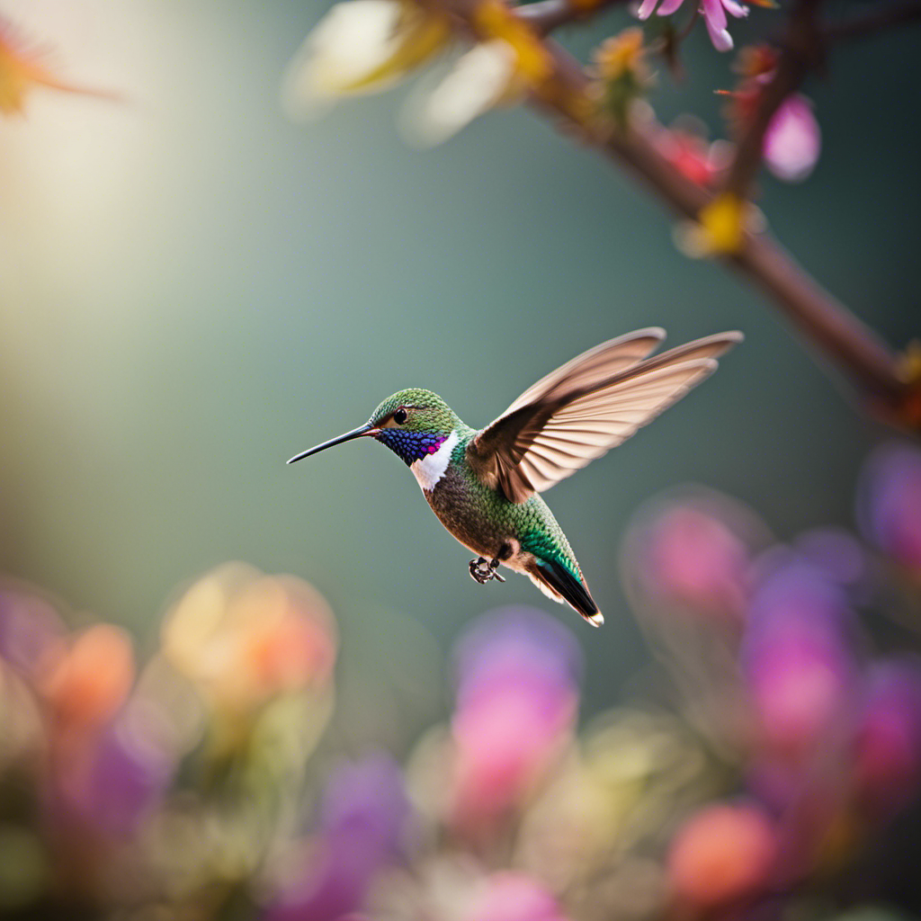 An image featuring a hummingbird, gracefully suspended mid-air, with its wings frozen in a delicate, arched position