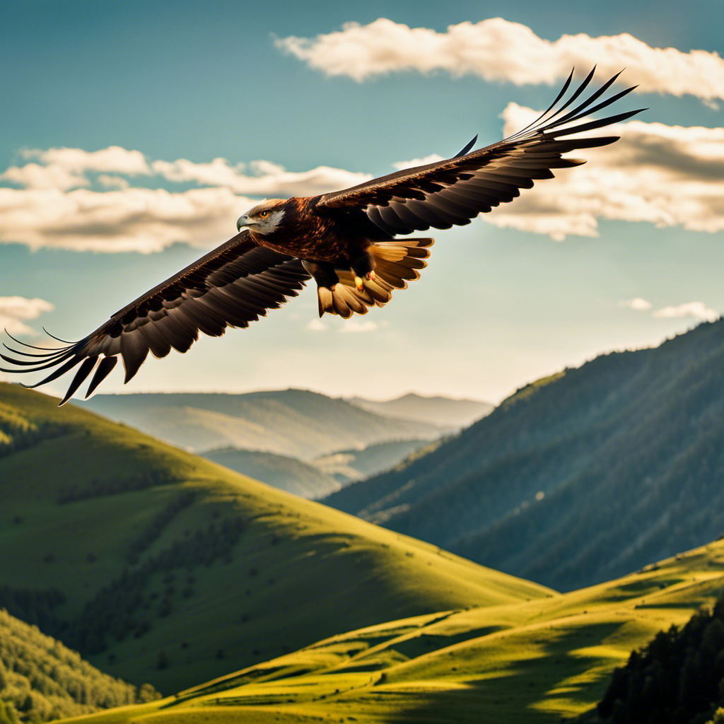 An image capturing a sunlit mountain range, with a majestic golden eagle soaring gracefully through the vast blue sky, its outstretched wings casting a shadow on the lush green valley below, igniting a debate on whether gliding truly constitutes flying