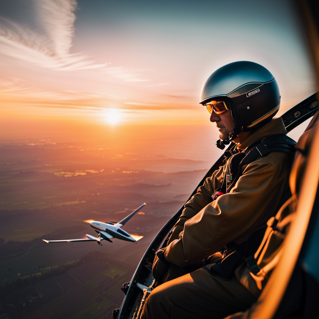An image showcasing a skilled pilot gracefully maneuvering a glider through a vibrant sunset sky