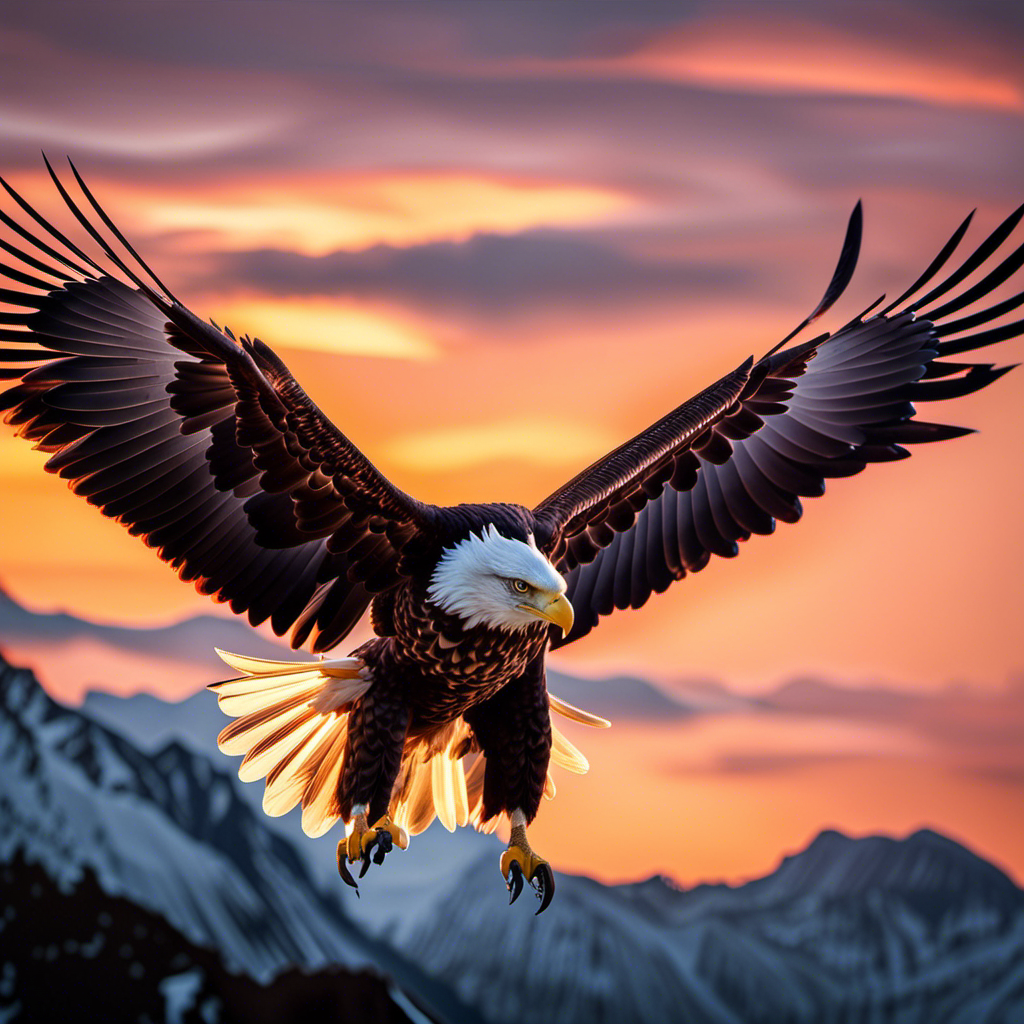 An image showcasing a majestic eagle soaring effortlessly above a towering mountain range, its wings outstretched against a vibrant sunset sky, challenging the notion that soaring represents reaching great heights