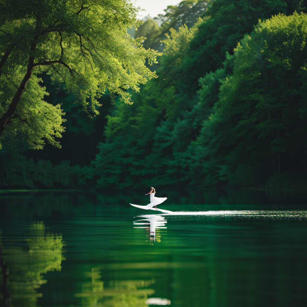 An image depicting a serene lake surrounded by lush green trees, with a graceful figure in mid-air gracefully gliding above the water's surface, showcasing the beauty and fluidity of gliding motion