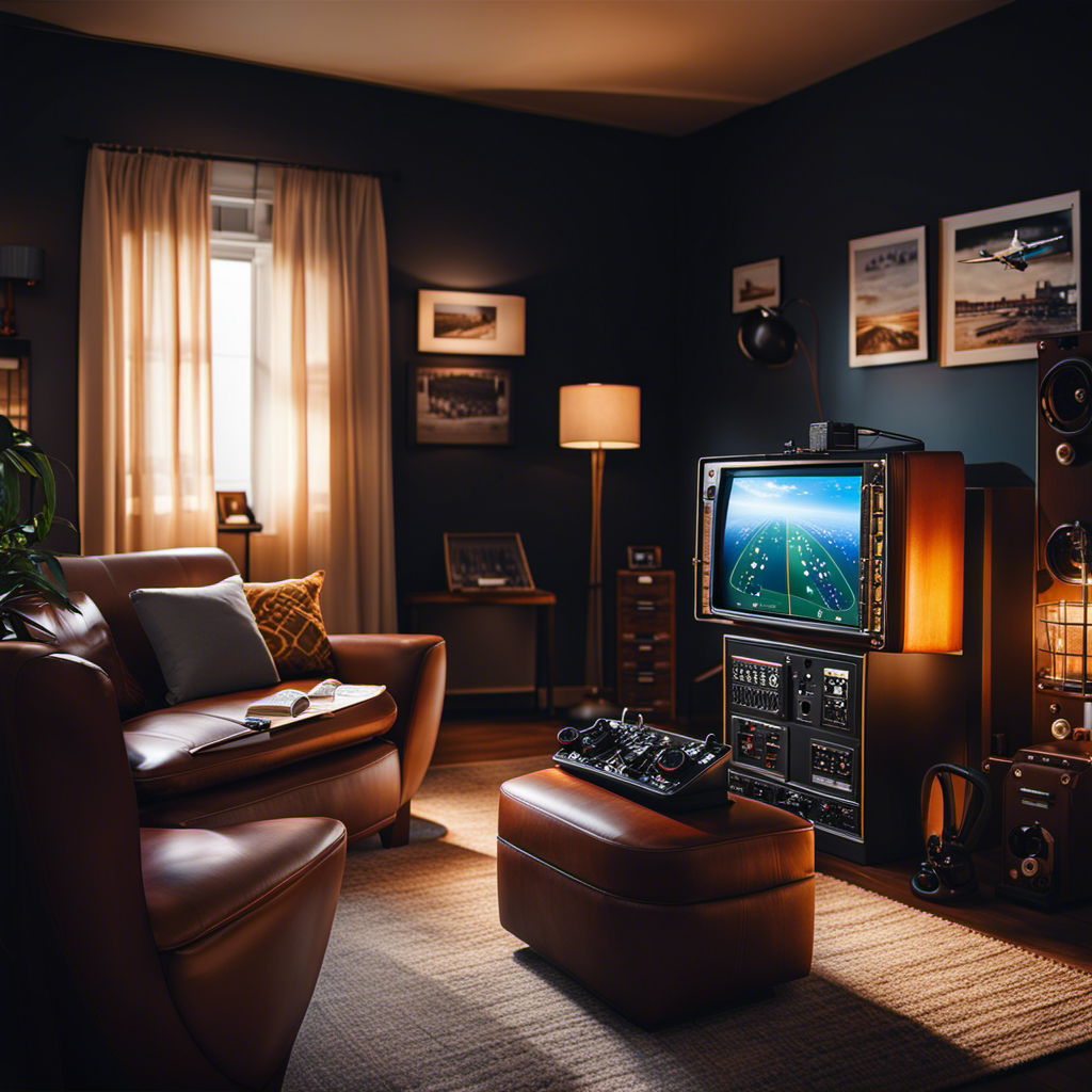 An image showcasing a cozy living room transformed into a flight simulator haven
