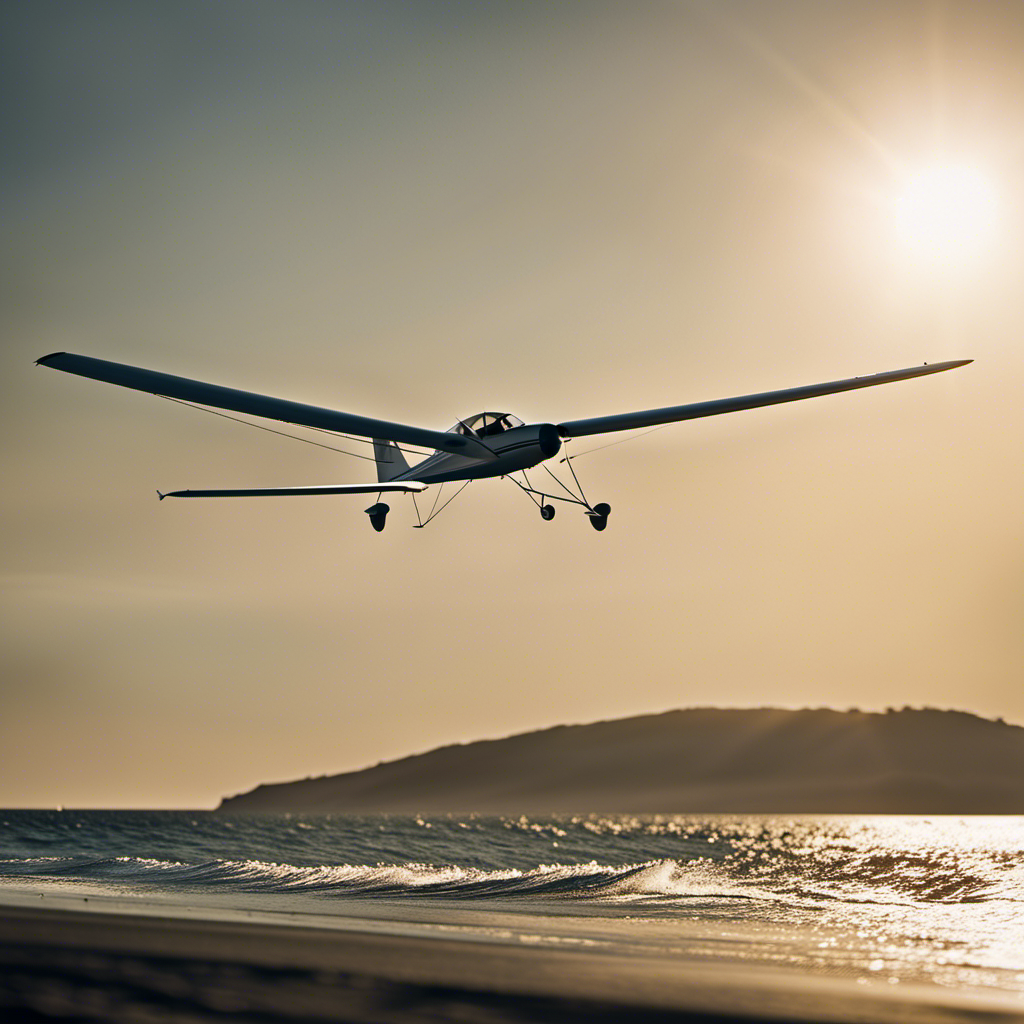 An image depicting a sailplane gracefully soaring against a backdrop of a sunlit beach, with the sea breeze front clearly visible, conveying the ideal conditions for soaring flight during this period