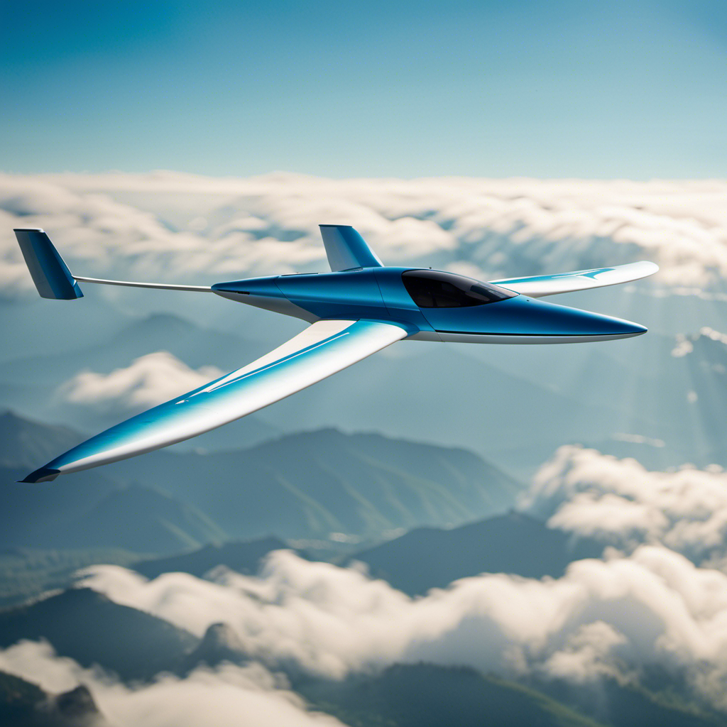 An image showcasing an E-Glider gracefully soaring through a clear blue sky, its sleek design and electric propulsion system evident, symbolizing the future of gliding: efficient, eco-friendly, and exhilarating