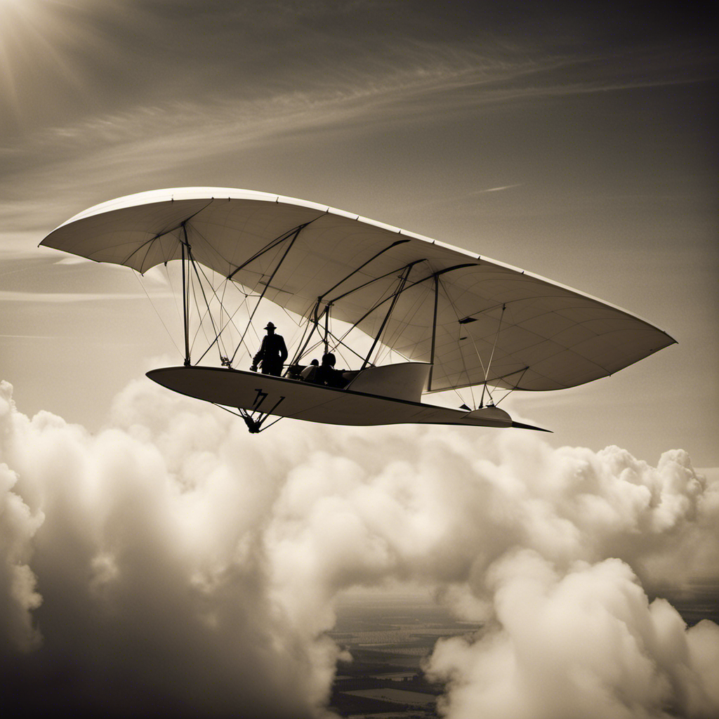 An image showcasing the renowned German glider pilot, Otto Lilienthal, gracefully soaring through the skies, surpassing the Wright Brothers in piloting excellence