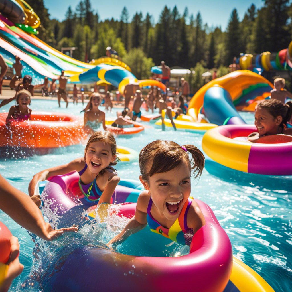 An image capturing the joyous atmosphere of Eagle Water Park: crystal-clear waters reflecting the radiant sun, children splashing in vibrant pools, towering water slides, and families laughing together on colorful floaties