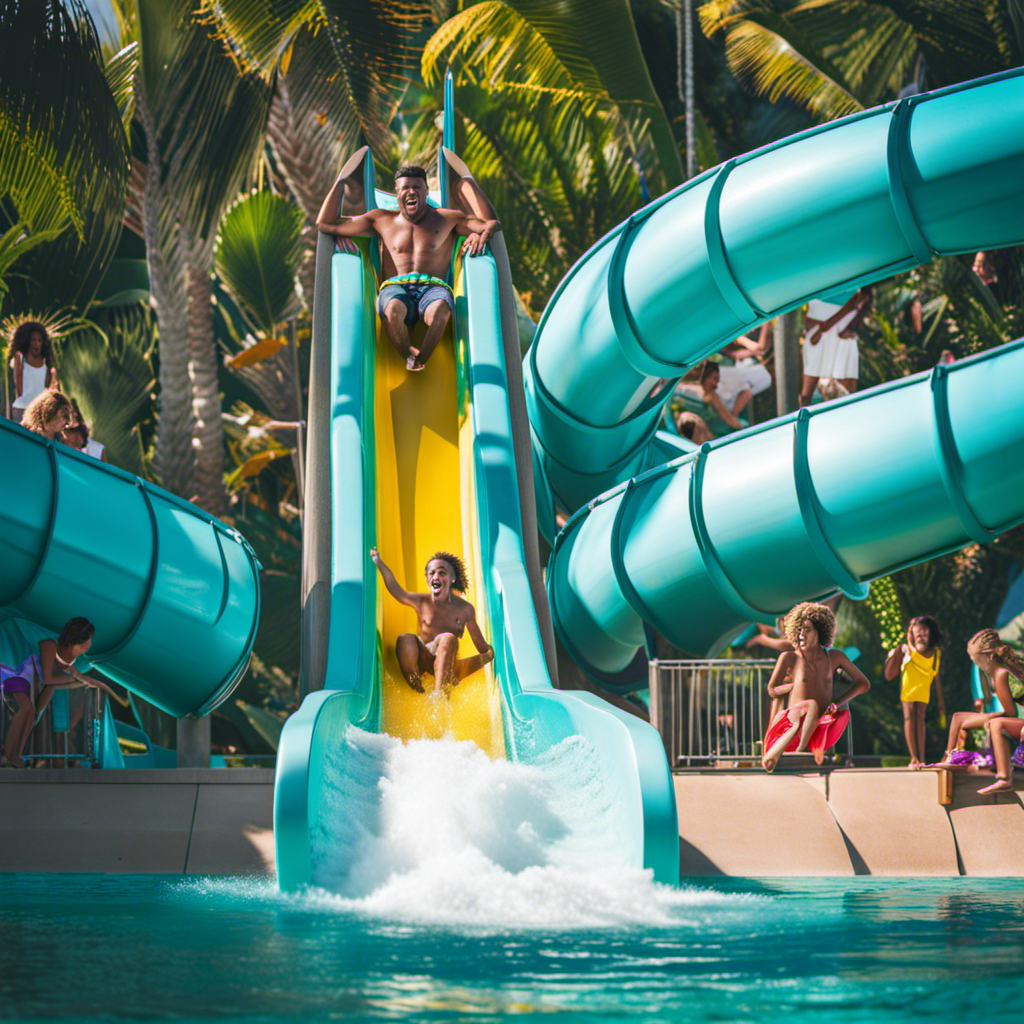 An image showcasing a thrilling waterslide with a towering eagle-shaped structure in the background