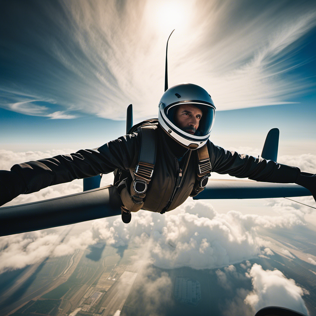 An image of a glider pilot, clad in a sleek jumpsuit, eyes focused on the horizon