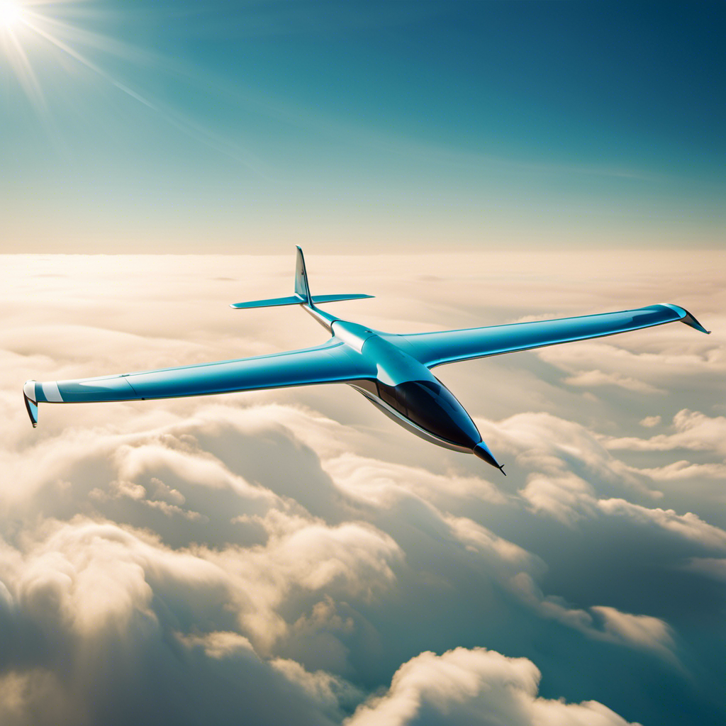 An image that showcases an elegant, sleek electric glider soaring gracefully through the clear blue sky, with its wings reflecting the sunlight and its electric motor silently propelling it forward