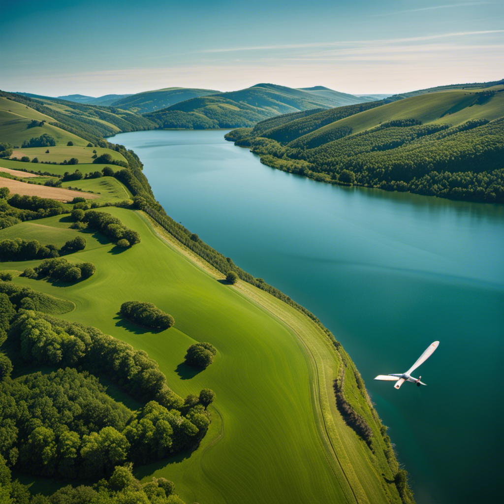 An image showcasing a picturesque landscape with rolling green hills, a serene lake, and a clear blue sky