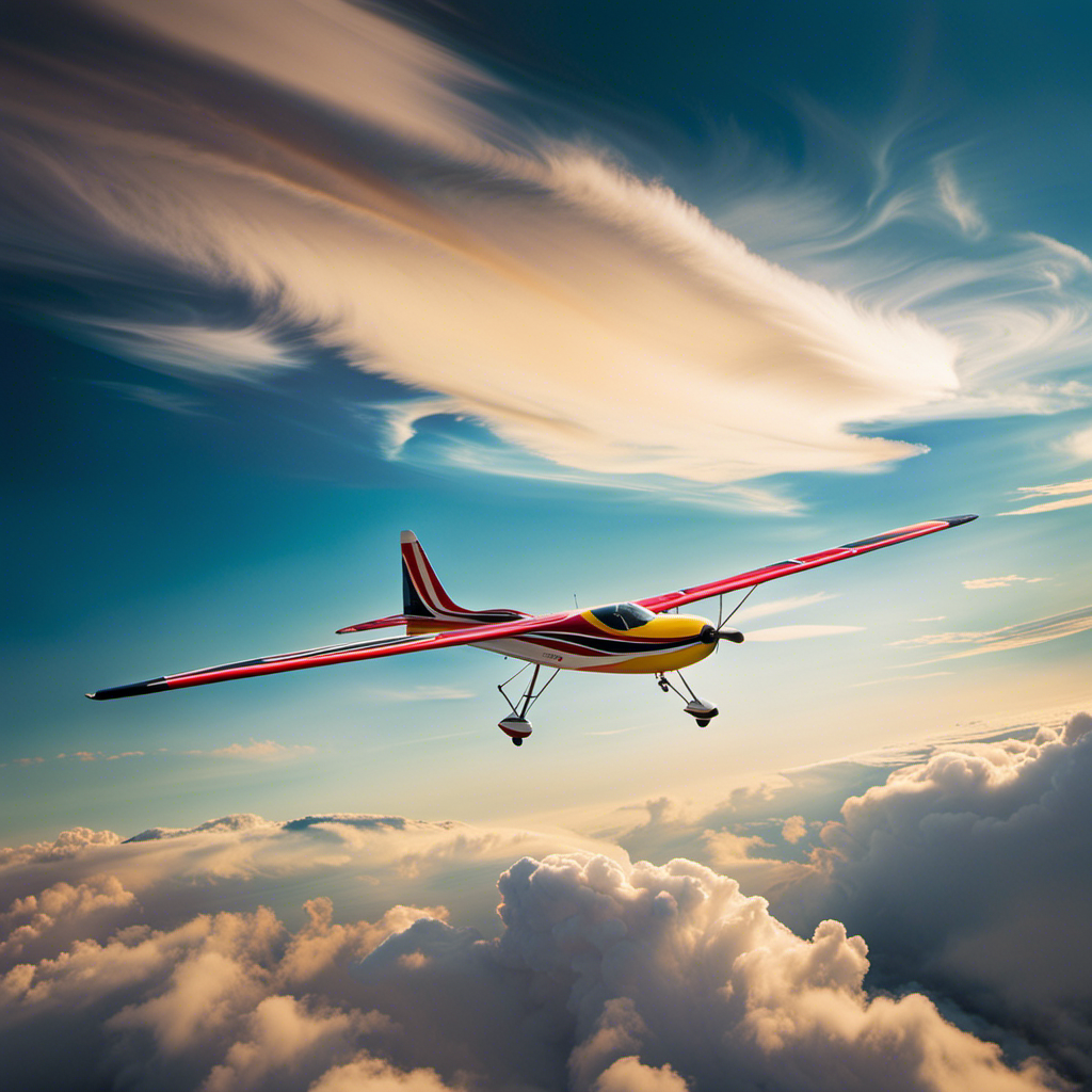 A captivating image featuring a glider soaring gracefully through a vibrant, cloud-streaked sky