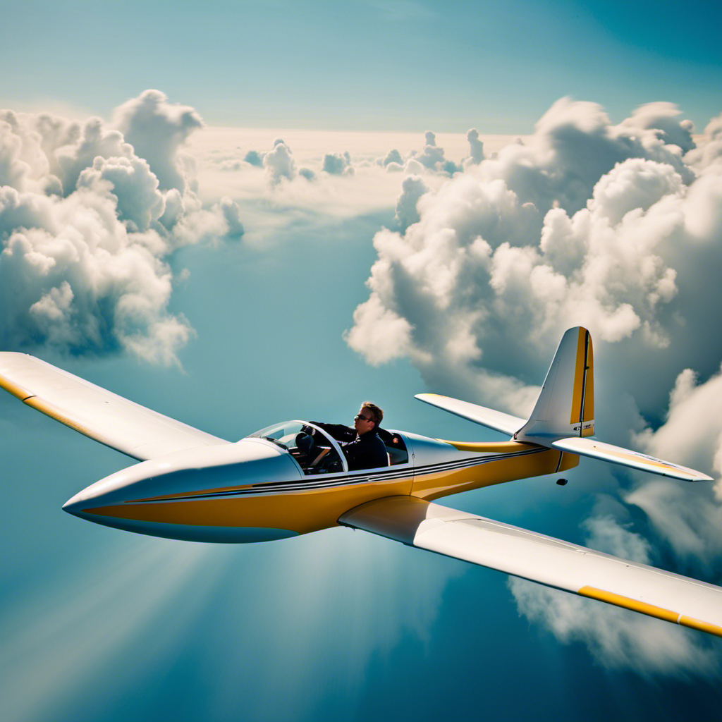 An image featuring a sun-kissed, azure sky with a sleek glider soaring gracefully amidst fluffy white clouds