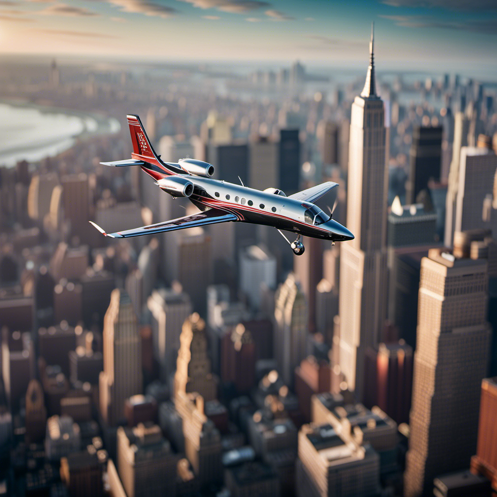 An image capturing the awe-inspiring view of a small aircraft soaring above the iconic New York City skyline, with the Empire State Building standing tall amidst a sea of skyscrapers