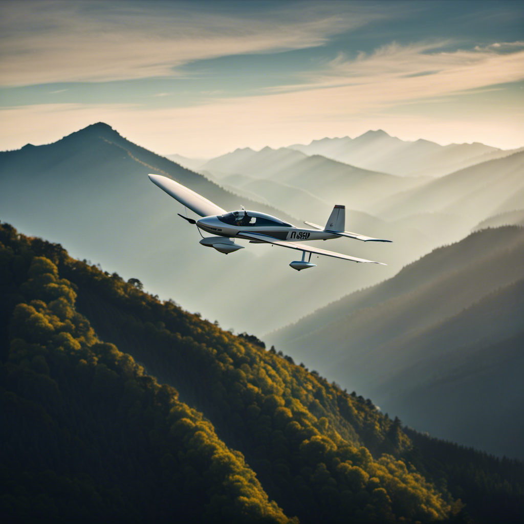 An image showcasing a serene mountain range backdrop with an engine-powered glider soaring gracefully through the sky