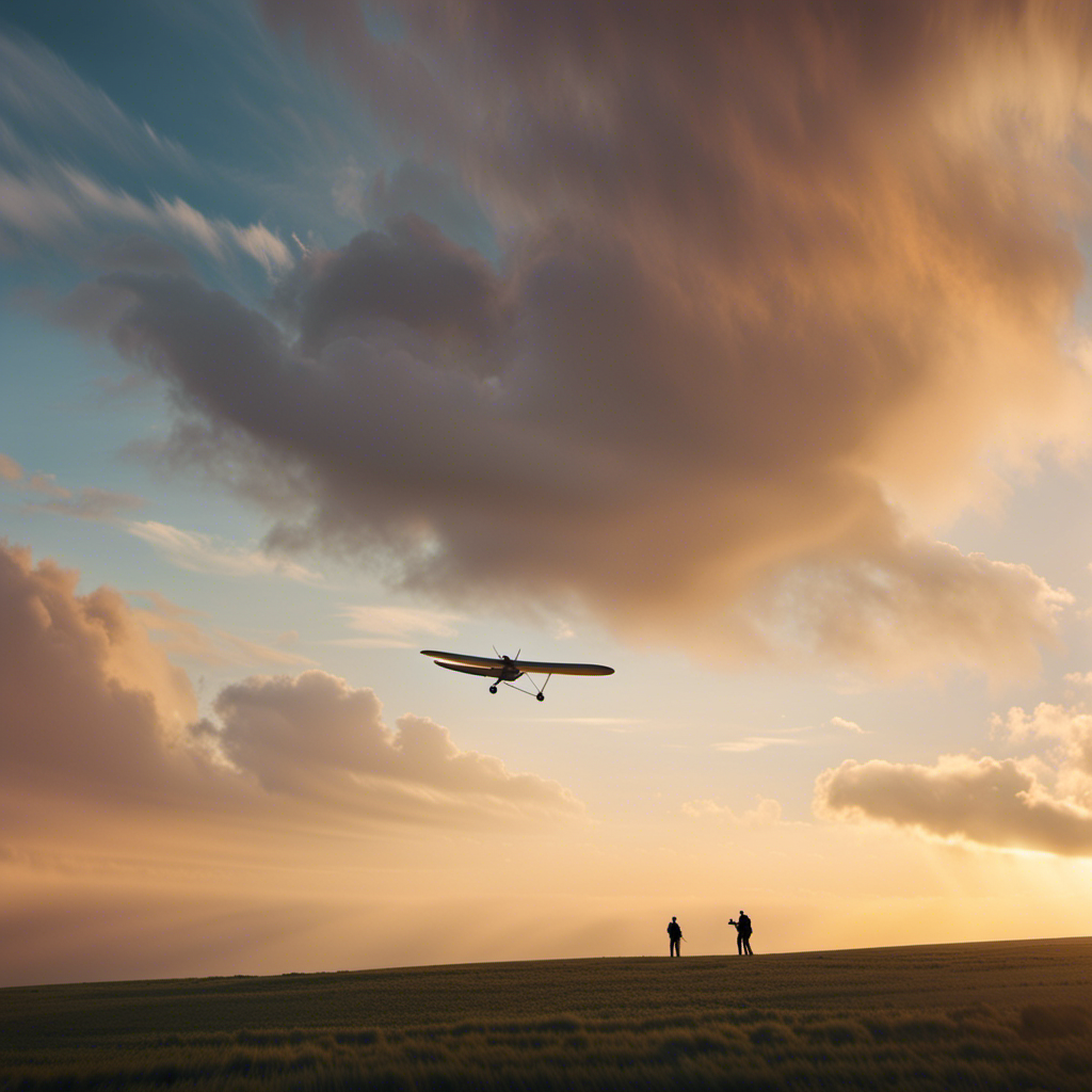An image showcasing a picturesque glider soaring through a cloud-dotted sky, with a skilled instructor and a student pilot, both wearing helmets, fully focused on maneuvering the glider towards an incredible sunset