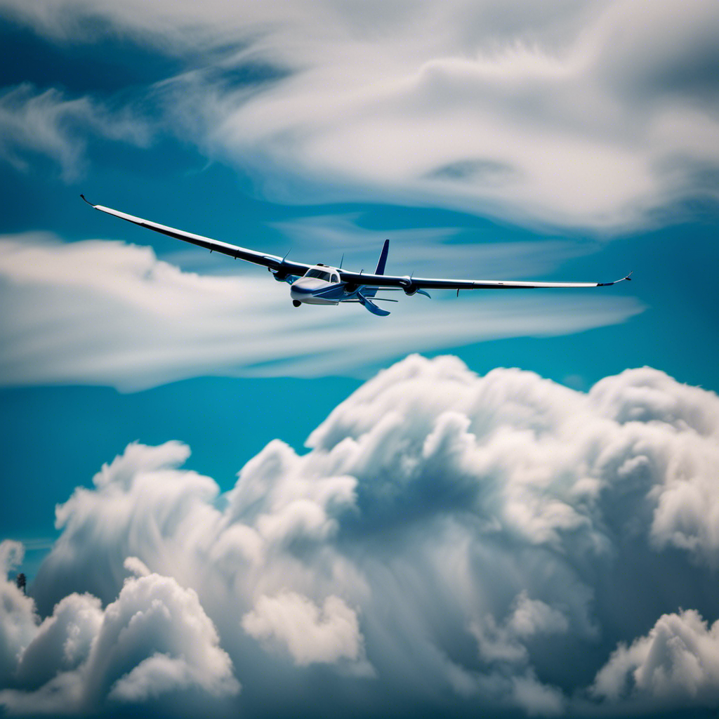 An image showcasing a vivid blue sky with fluffy white clouds, capturing the silhouette of a sleek glider plane soaring gracefully amidst the clouds, its wings spread wide, and a pilot's hand gripping the control stick