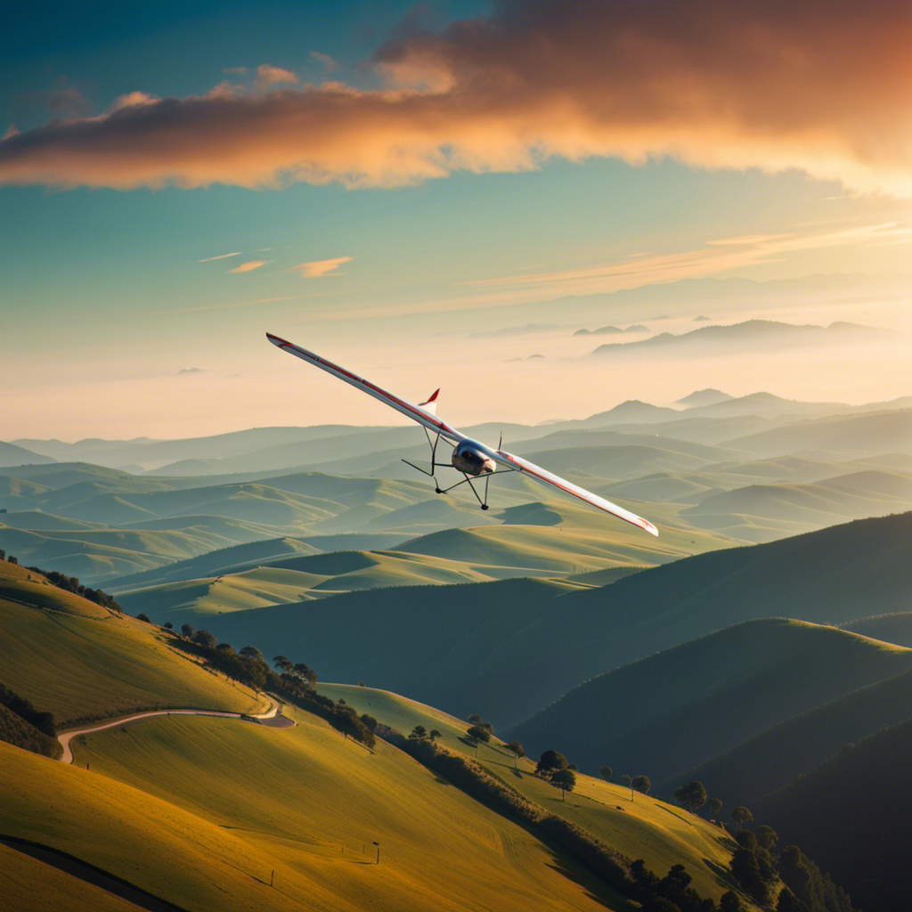 An image showcasing a glider soaring through a vibrant sky, effortlessly gliding over rolling hills, with a distant mountain range in the backdrop
