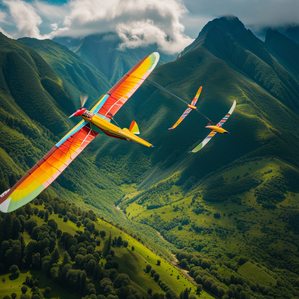 An image showcasing the awe-inspiring wonders of Glider World: a vibrant tapestry of colorful gliders soaring gracefully through azure skies, their elegant wings outstretched, against a backdrop of majestic mountains and lush green valleys