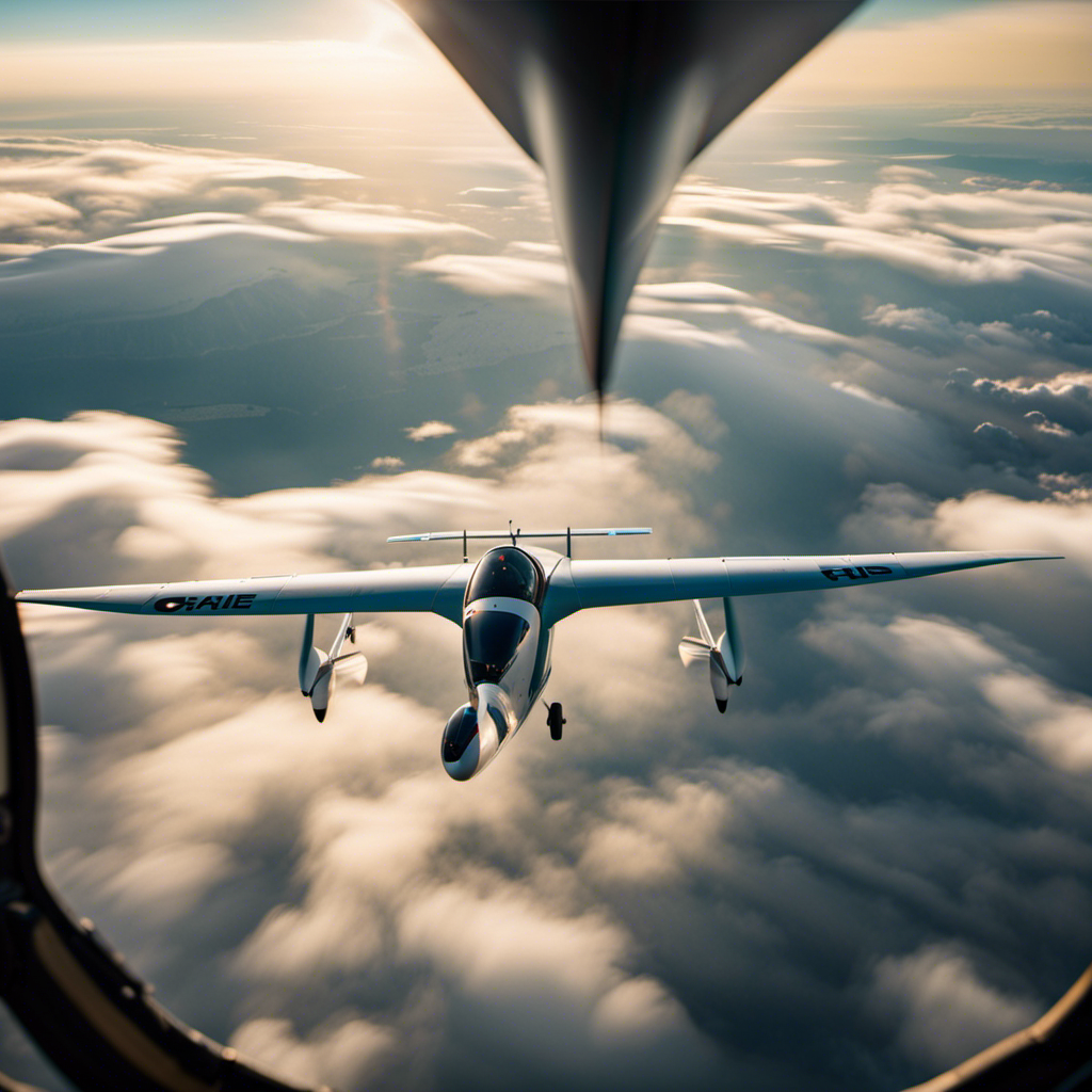 An image showcasing the exhilarating world of 2-person glider planes: A dynamic aerial view from inside the cockpit, capturing the pilot's focused expression, the expansive sky, and the graceful wings soaring through the clouds