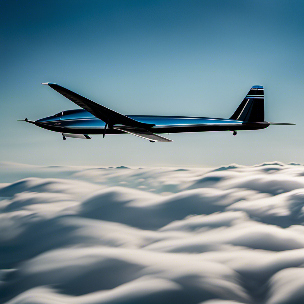 An image showcasing the sleek silhouette of the F3j Glider soaring effortlessly through the clear blue sky, its wingspan gracefully extended, capturing the essence of its exceptional aerodynamic design and unrivaled performance