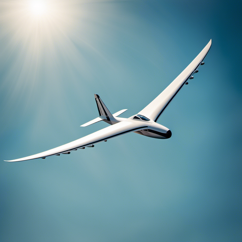 An image featuring a sleek F5j glider soaring gracefully against a clear blue sky, its elegant wingspan and aerodynamic design highlighting the epitome of efficiency and precision in remote-controlled gliding
