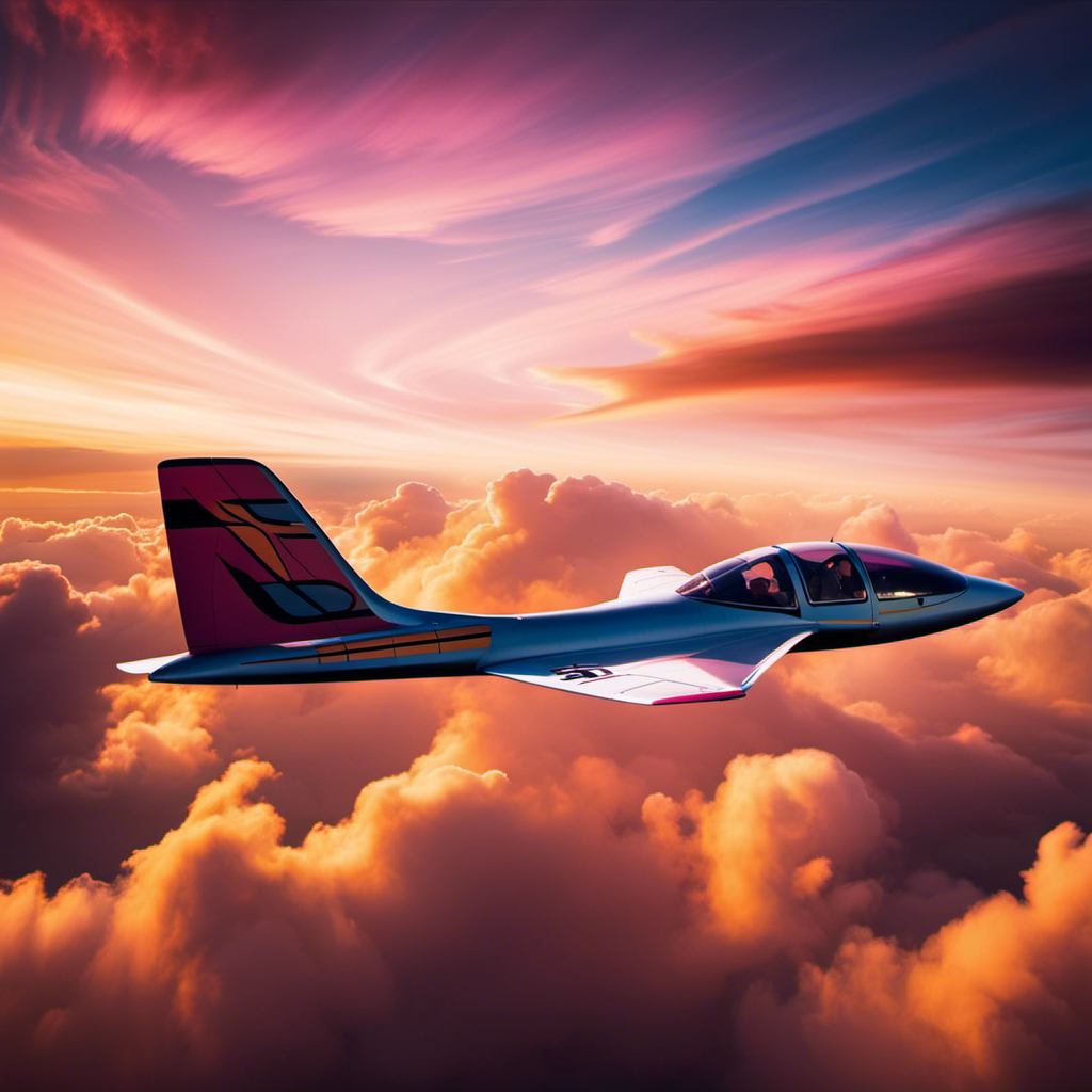 An image capturing the exhilaration of fan gliding: a daring glider gracefully soaring through the sky, propelled solely by the force of wind, with a backdrop of vibrant clouds and vivid sunset hues