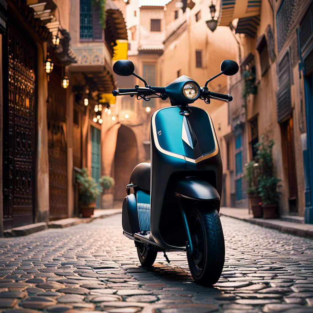 An image showcasing the Fes Glider, a sleek and modern electric scooter, gliding effortlessly through ancient cobblestone streets lined with vibrant Moroccan architecture, capturing the essence of its comprehensive guide and review