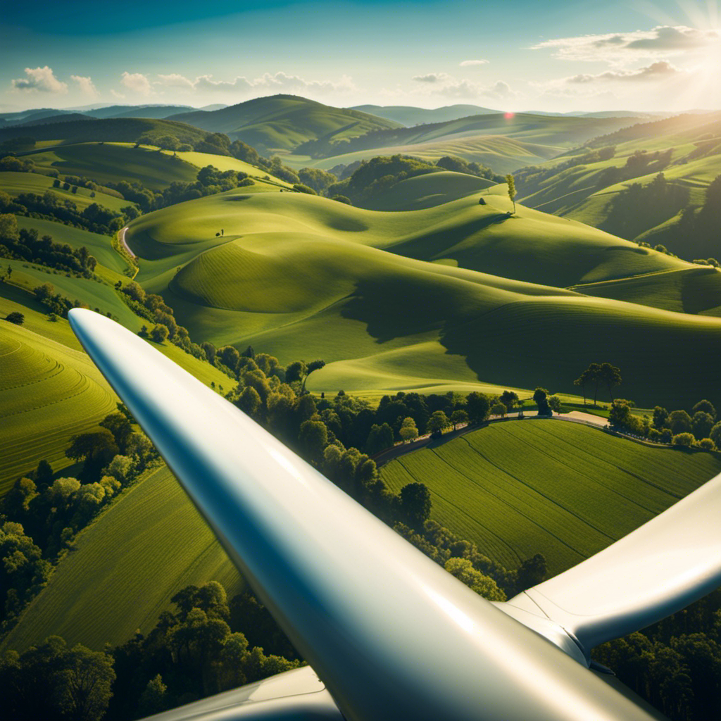 An image depicting a panoramic view of a lush countryside with rolling hills, a clear blue sky dotted with fluffy white clouds, and a glider soaring gracefully through the air, showcasing the exhilarating experience of finding a glider ride near you