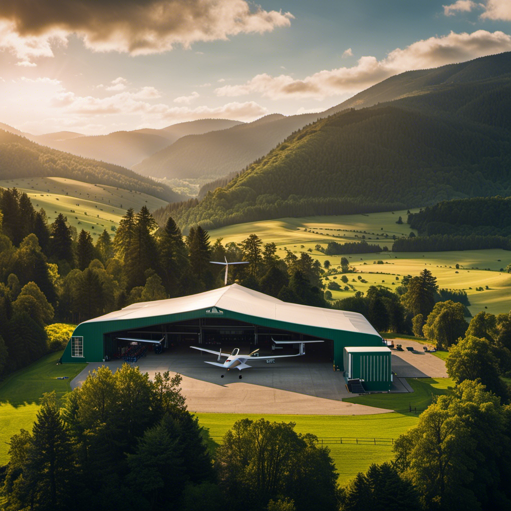 An image showcasing a panoramic view of a glider school nestled in a picturesque valley, surrounded by lush green mountains