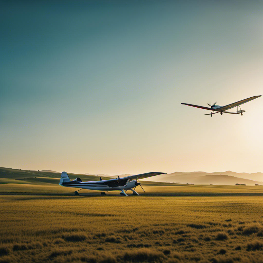 An image featuring a panoramic view of a serene, sun-kissed airfield, adorned with vibrant gliders soaring gracefully against a backdrop of gently rolling hills and a clear blue sky