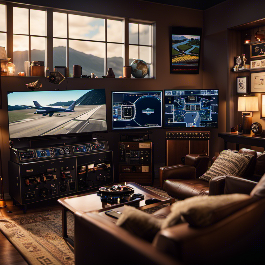 An image of a cozy living room transformed into a virtual cockpit, with a computer displaying flight simulation software, a joystick on the coffee table, and a wall adorned with aviation posters