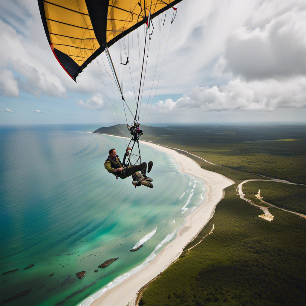 -pounding image captures the sheer terror on Florida Man's face as he clings desperately to the hang glider's frame, suspended high above the sprawling coastline, while the forgetful pilot flails in panic