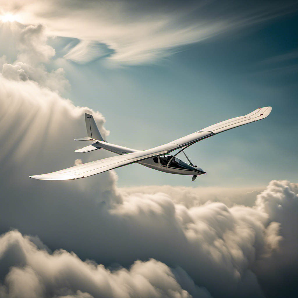 An image of a graceful glider soaring through a cloud-filled sky, its wings outstretched as it effortlessly rides a thermal updraft, capturing the exhilarating moment of mastering the art of gliding
