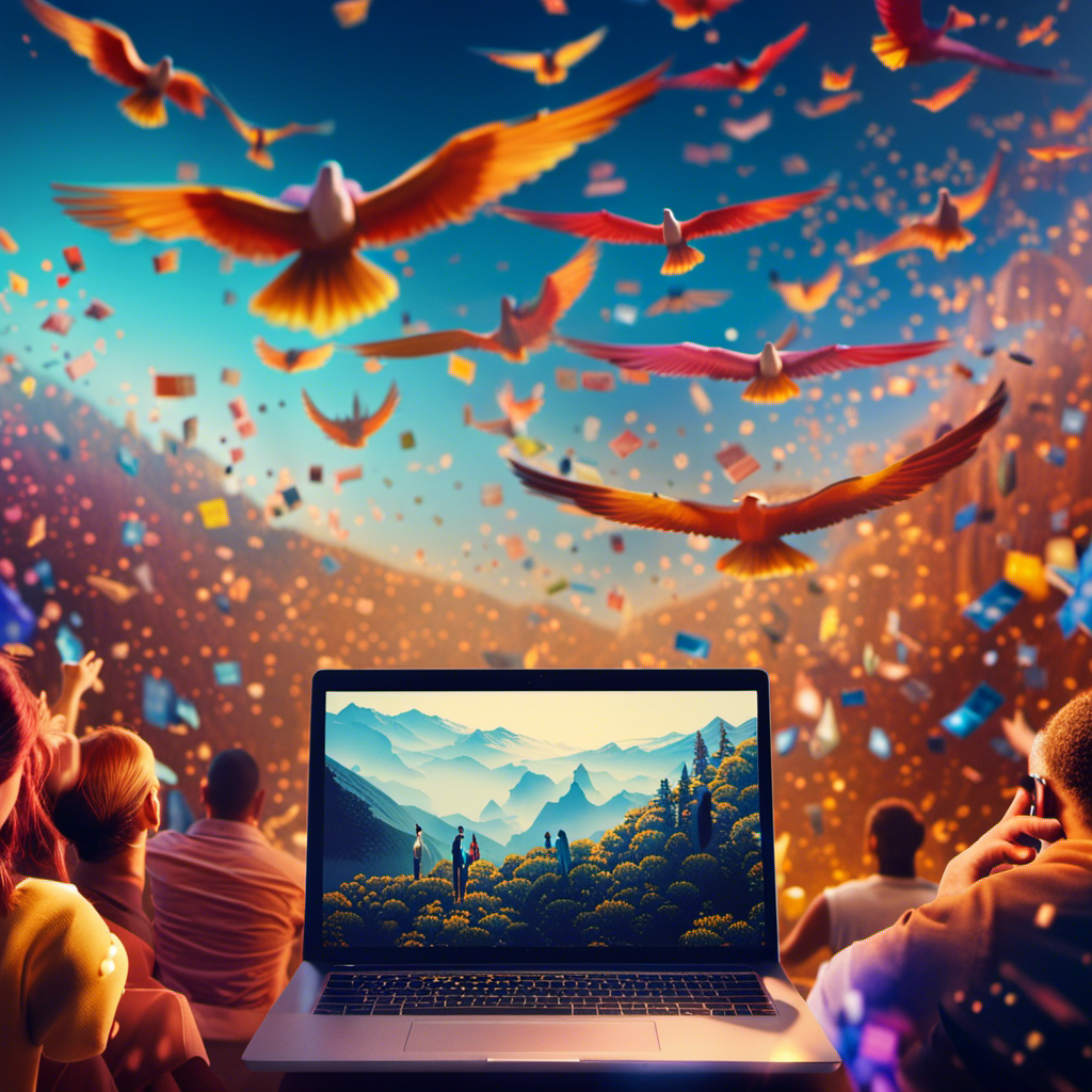 An image showcasing a vibrant digital landscape, where a group of diverse individuals, each with a laptop, soar through the sky on majestic wings made of pixels, symbolizing the limitless opportunities of free online learning