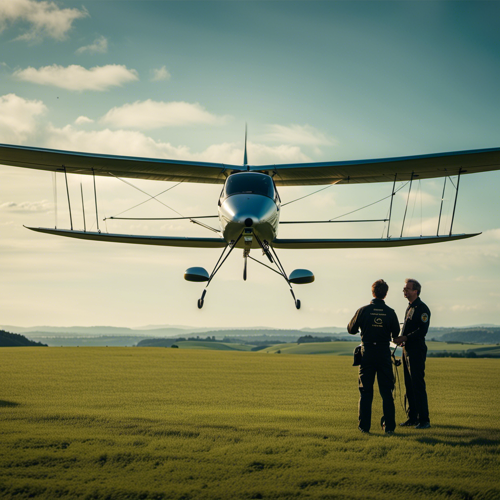 An image showcasing the journey of glider flight training - Begin with a wide-angle shot of a grassy airfield, where a novice glider pilot is seen receiving instructions from an experienced instructor, against a backdrop of rolling hills and a clear blue sky