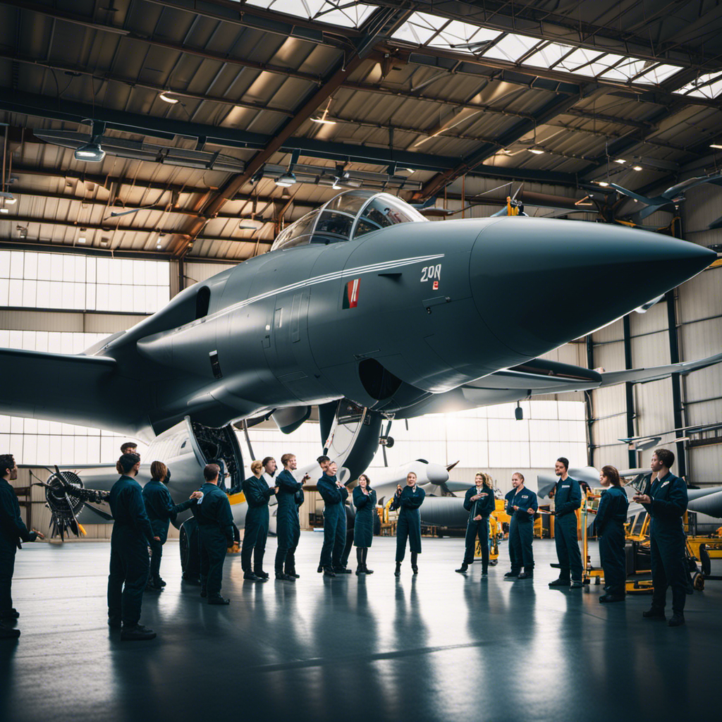 An image depicting a group of diverse individuals in a spacious hangar, surrounded by aircraft, engaged in hands-on aeronautics training