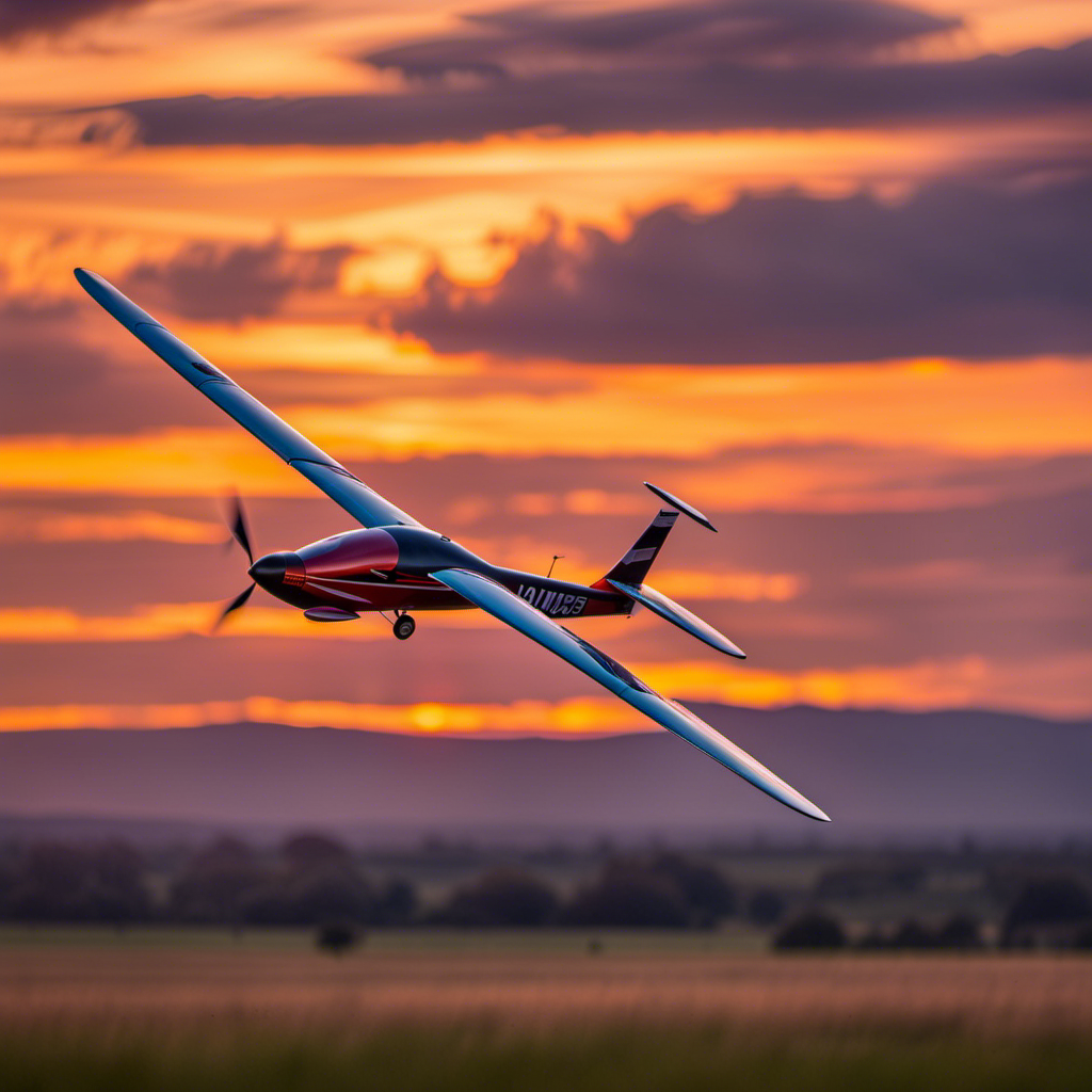 An image capturing the exhilarating moment of a sleek, radio-controlled glider soaring gracefully against a vibrant sunset backdrop, showcasing the sheer joy and freedom of embarking on a radio control glider adventure