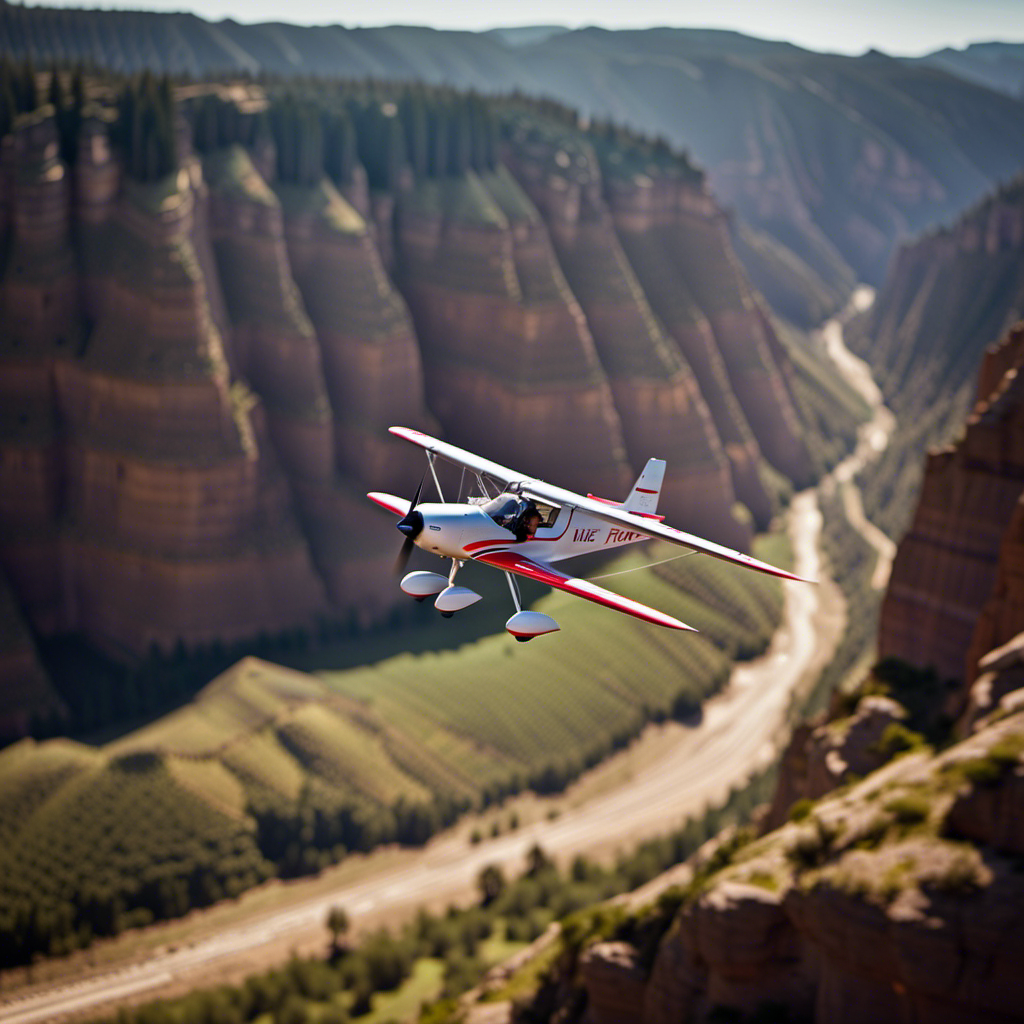 An image capturing the exhilarating moment of glider competitions, showcasing a skilled pilot maneuvering through a narrow canyon, surrounded by towering cliffs, with the glider's wings slicing through the air