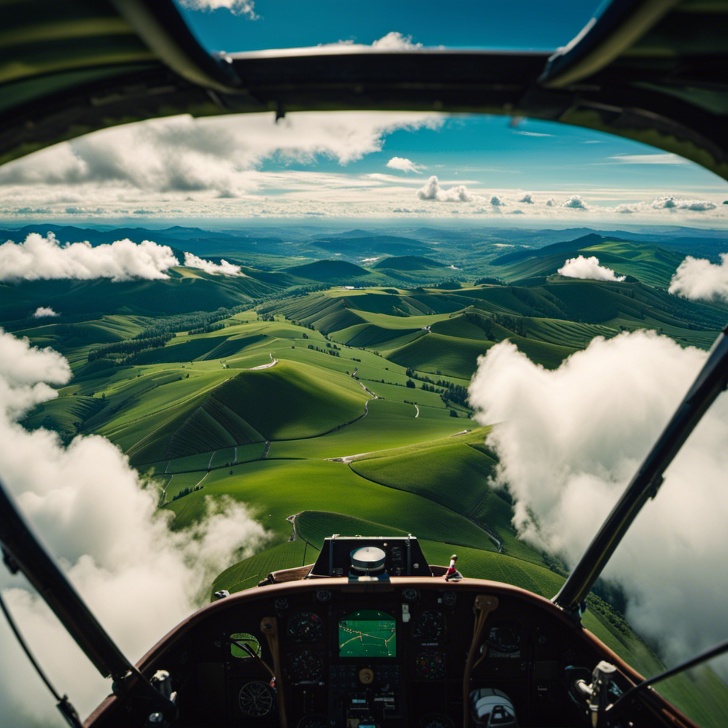 An image showcasing the breathtaking view from a glider's cockpit as it soars above rolling green hills, capturing the serene blue sky, fluffy white clouds, and the distant silhouette of a soaring bird