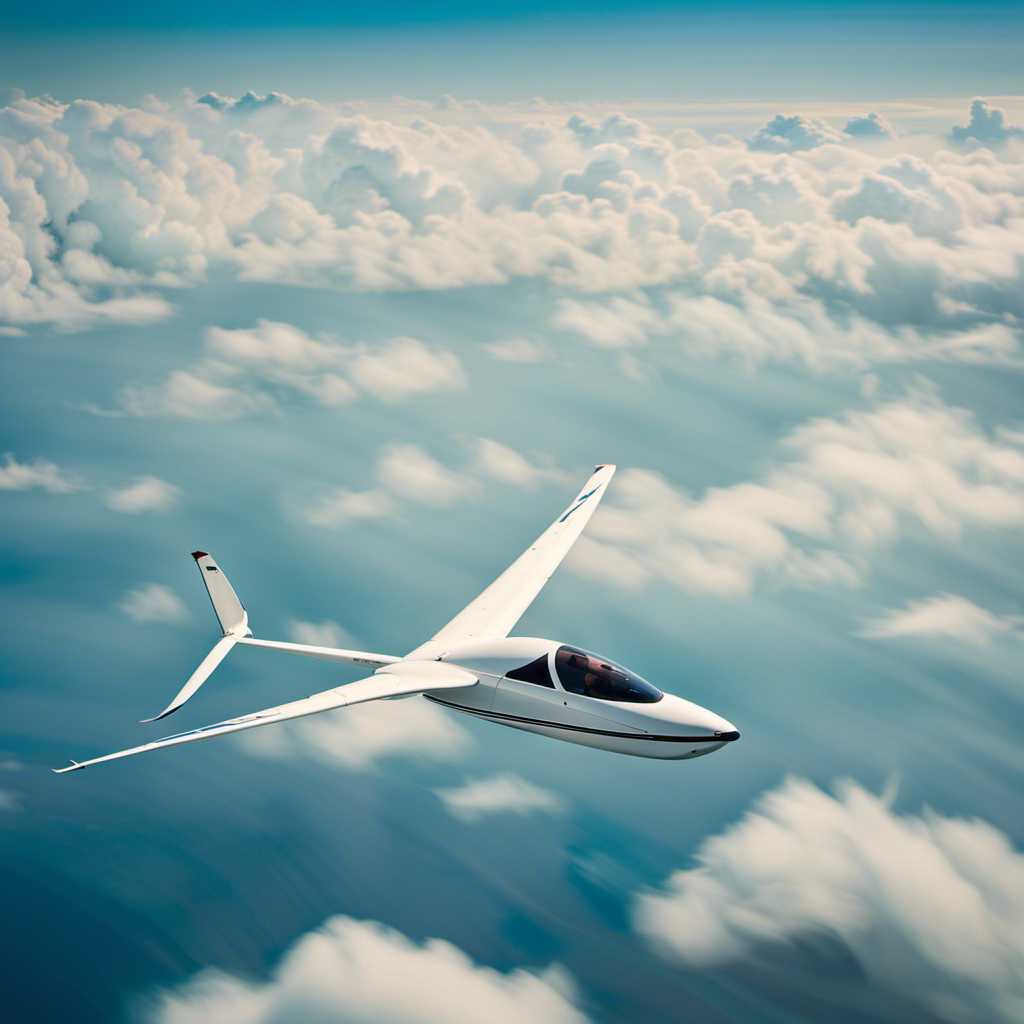 An image capturing the exhilarating freedom of glider flying: a vivid blue sky stretches endlessly above, while a sleek glider soars effortlessly amidst fluffy white clouds, its wings gracefully cutting through the air