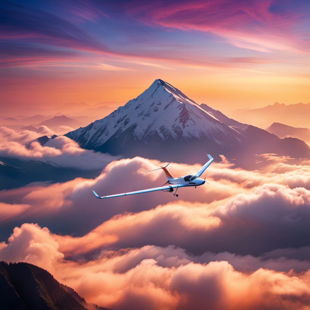 An image showcasing the serene beauty of gliding through the sky, with a glider gracefully soaring amidst wispy white clouds, surrounded by awe-inspiring mountain peaks and a breathtaking sunset painting the sky in vibrant hues