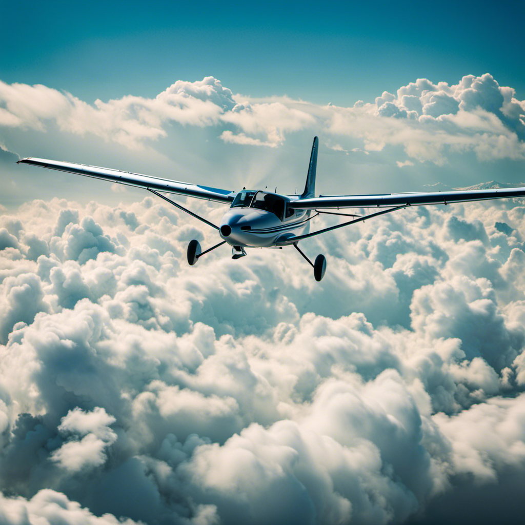 the exhilarating freedom of gliding through the sky as a glider pilot: a skilled aviator gracefully maneuvering through puffy white cumulus clouds against a backdrop of vibrant blue skies