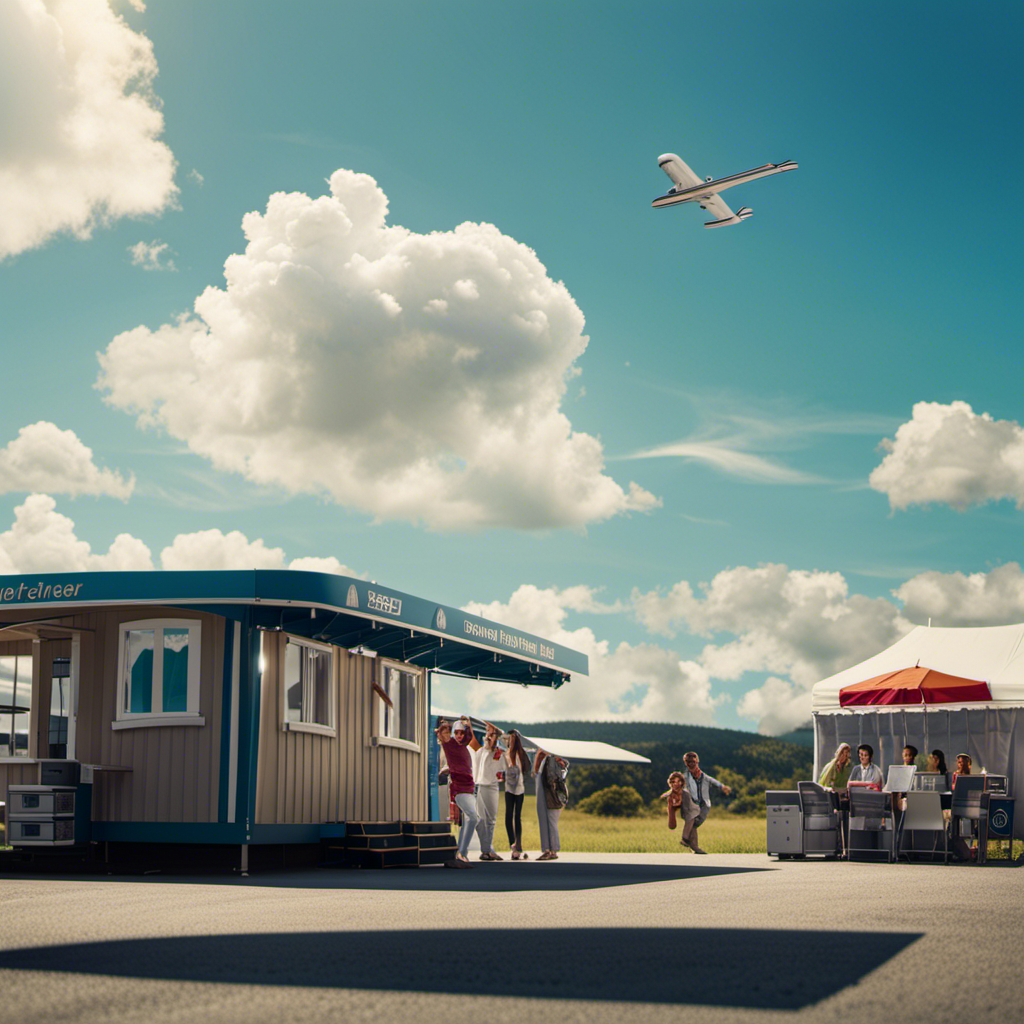 An image showcasing a bright blue sky with fluffy white clouds, a sleek glider plane soaring gracefully above, a small office hut with a rental sign, and a group of excited people eagerly awaiting their turn to fly