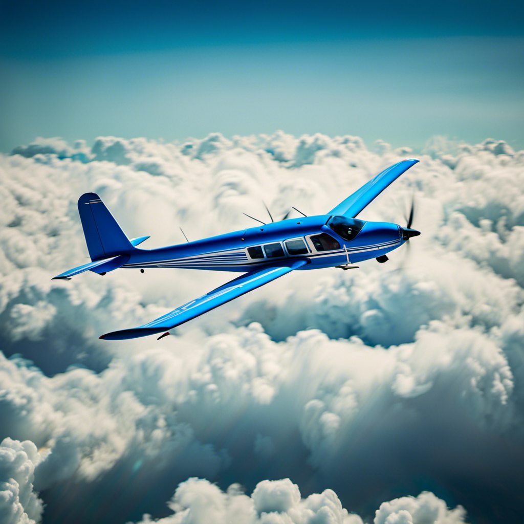 An image featuring a vivid blue sky with a glider soaring gracefully through fluffy white clouds