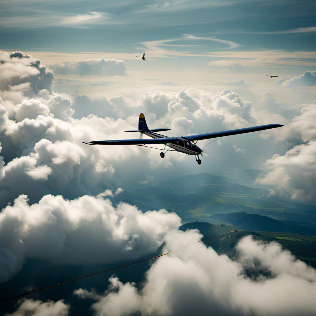 An image showcasing a glider soaring gracefully through the sky, attached to a tow plane by a sturdy cable, contrasting with another image of a glider being propelled forward by a powerful winch, against a backdrop of picturesque clouds and landscape