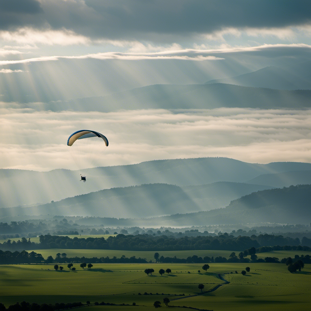 An image capturing a serene gliding scene, where a skilled pilot, equipped with a parachute and safety gear, demonstrates proper technique while effectively avoiding potential hazards such as power lines, birds, and adverse weather conditions